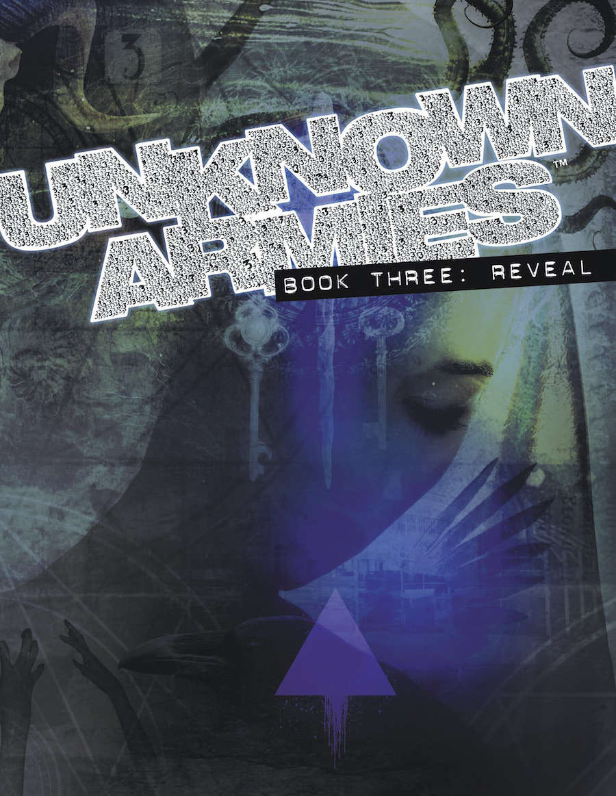 Unknown Armies: Book Three, Reveal cover. Ethereal woman&#39;s face, floating keys, and a purple upward triangle