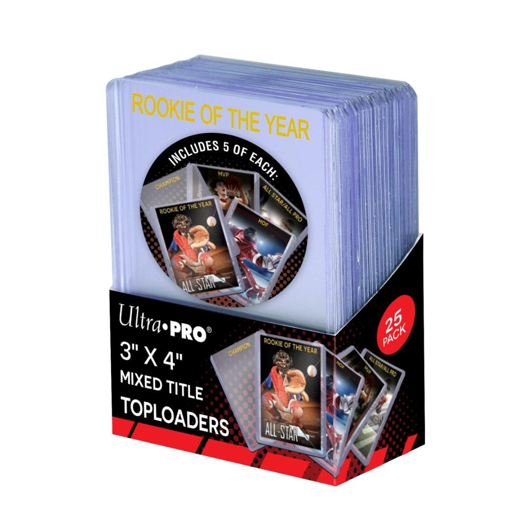 A 25-pack box of Ultra Pro 3x4 clear toploaders, featuring mixed sports card titles like &quot;Rookie of the Year&quot; on their borders