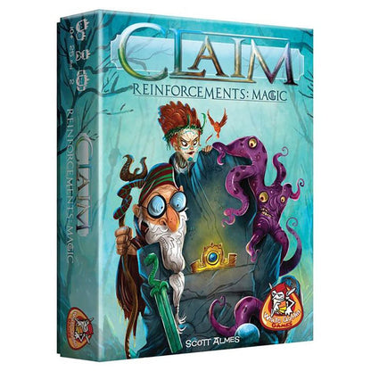 Cover of 'Claim: Reinforcements: Magic' board game, featuring a wizard, a sorceress, and a purple tentacled creature