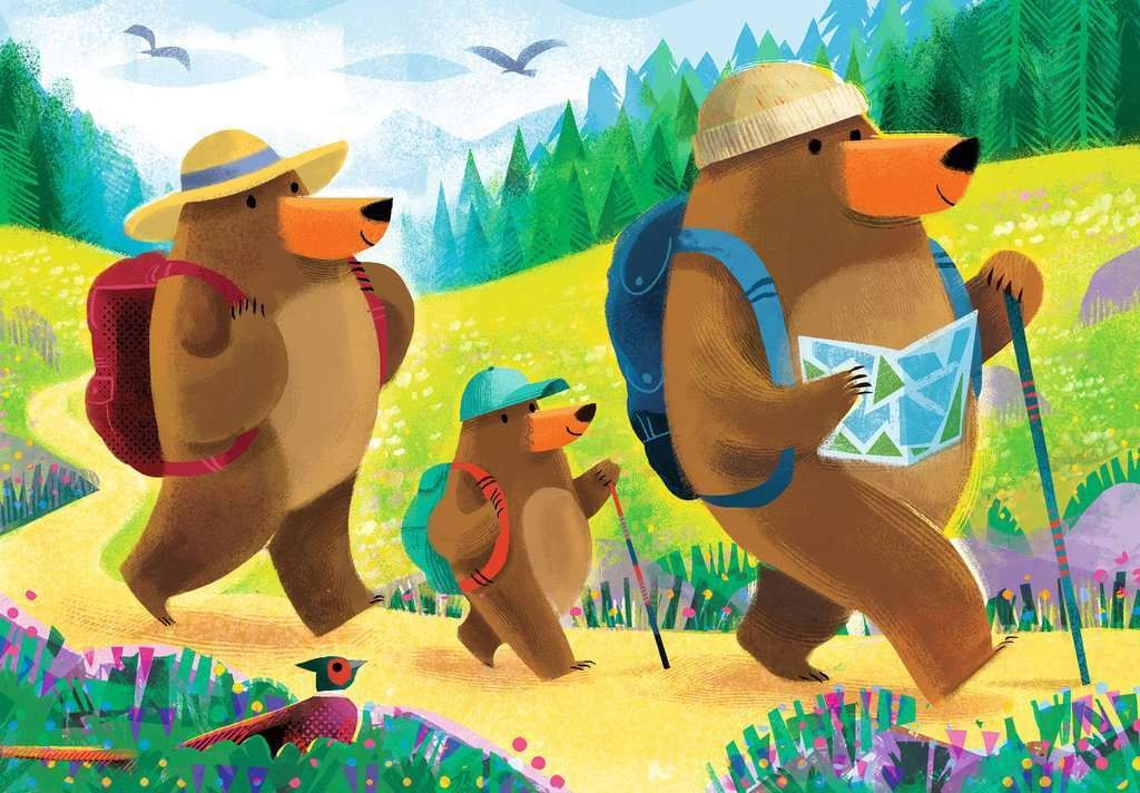 Cartoon bear family hiking on a mountain path, bears wear backpacks; the leader holds a map and trekking pole