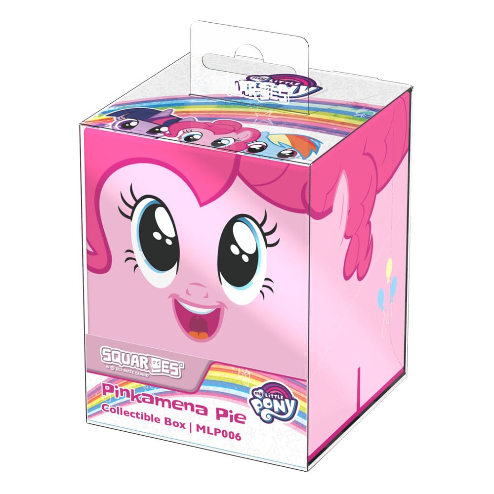 A pink Squaroe collectible box displaying a large image of Pinkie Pie&#39;s face on the front, with other pony characters and a rainbow design on the top