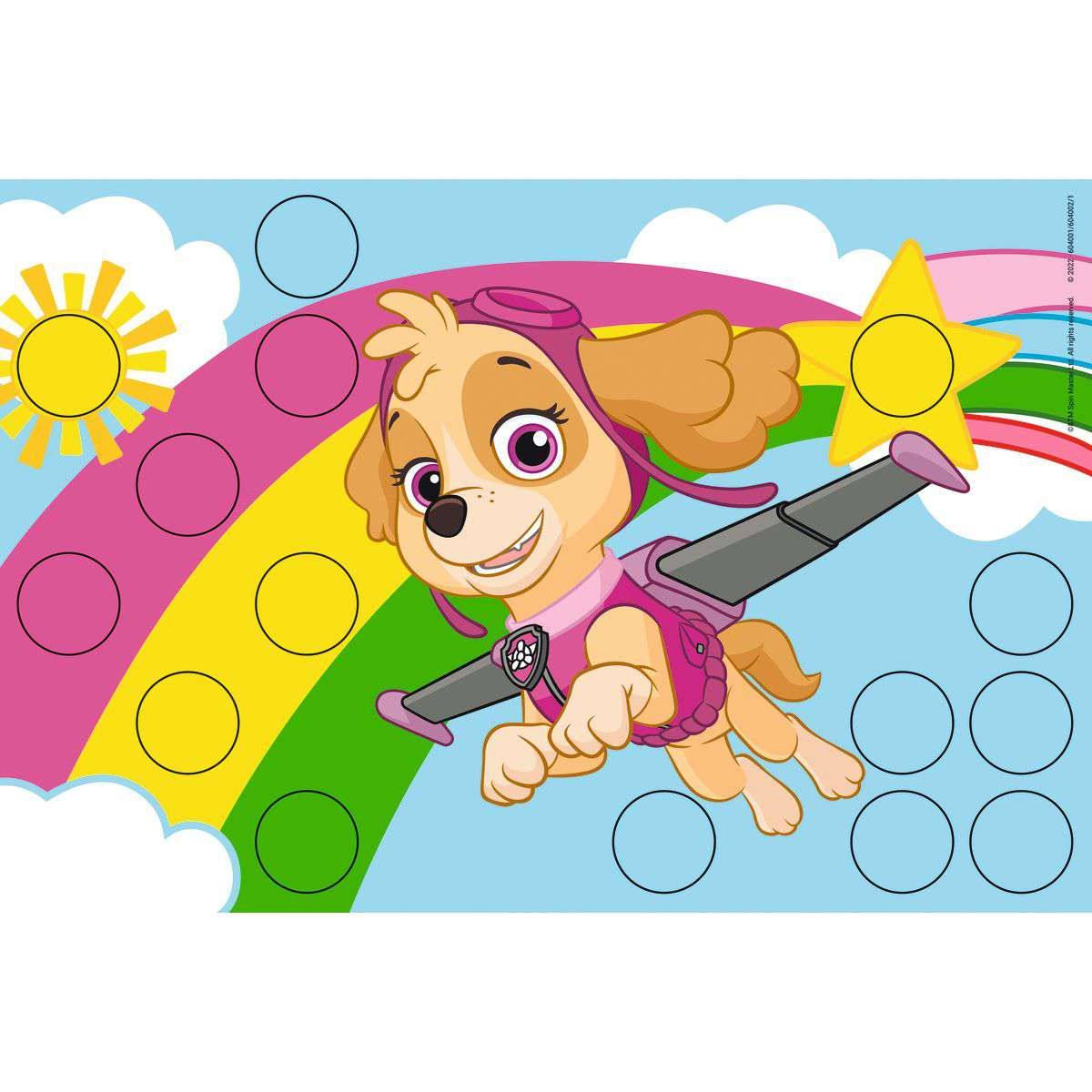 PAW Patrol Skye flying above a colourful rainbow background, featuring a sun, star, clouds, and multiple empty colouring circles