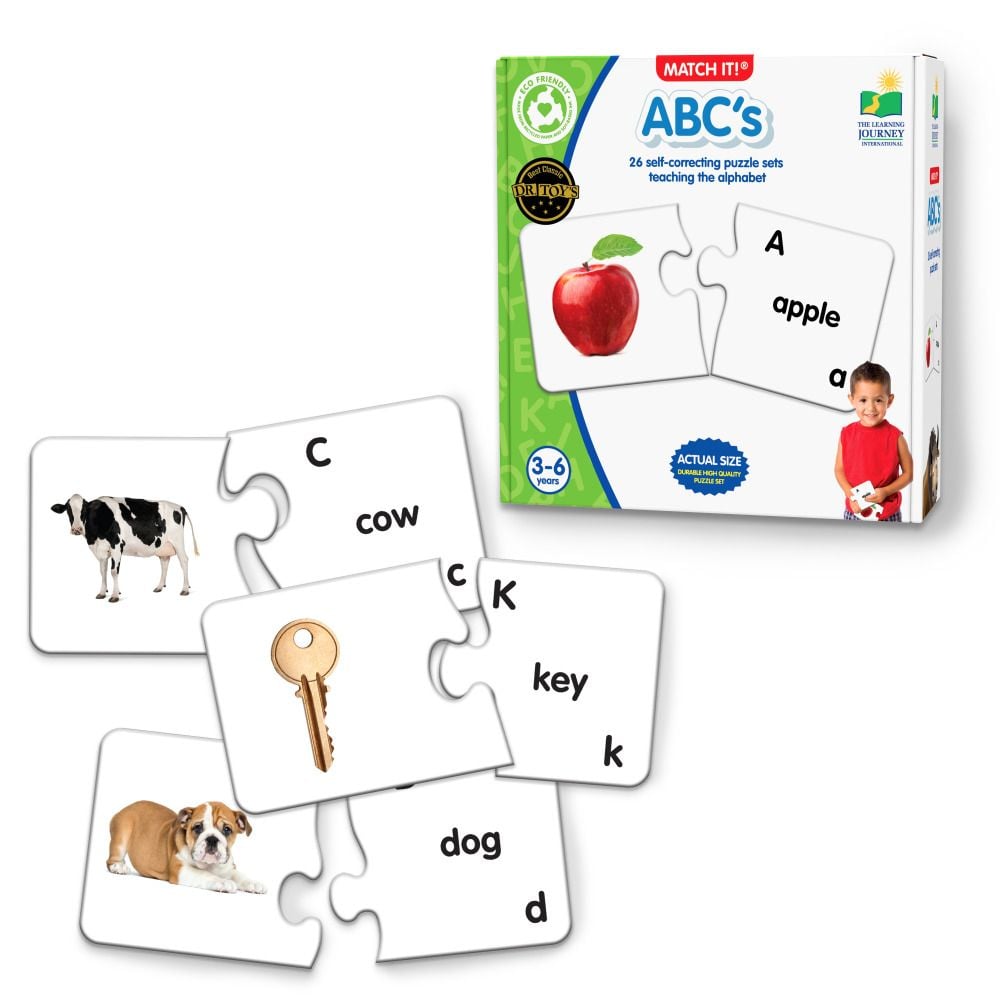 Alphabet learning puzzle game box with matching puzzle pieces: cow, key, dog, and apple, for teaching ABCs to ages 3-6