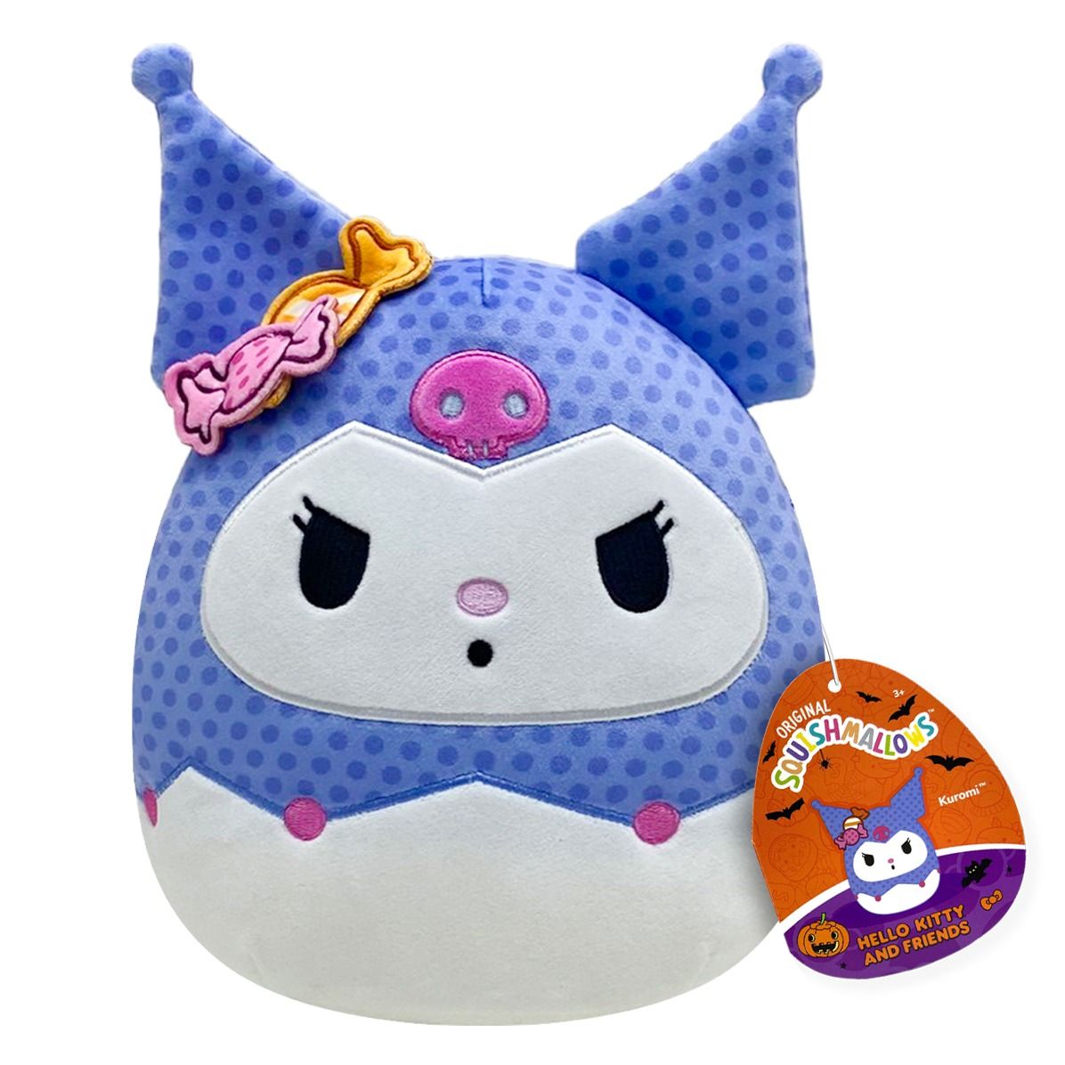 An 8-inch Halloween Kuromi Squishmallow with a purple polka-dot pattern, pointed ears, an embroidered pink skull, and a stitched pink candy accent