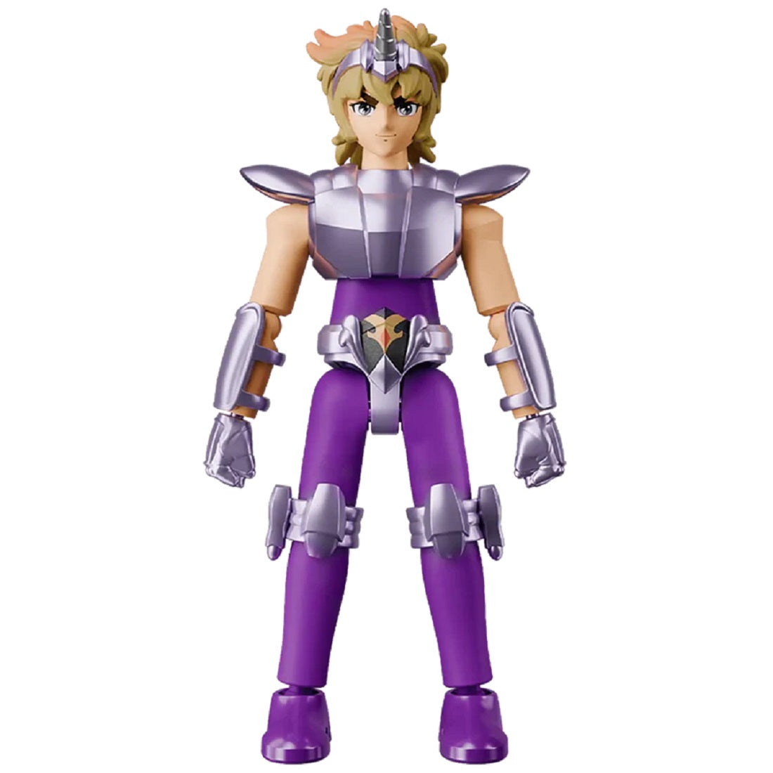 Anime action figure in silver armor and purple suit, with a unicorn horn headpiece