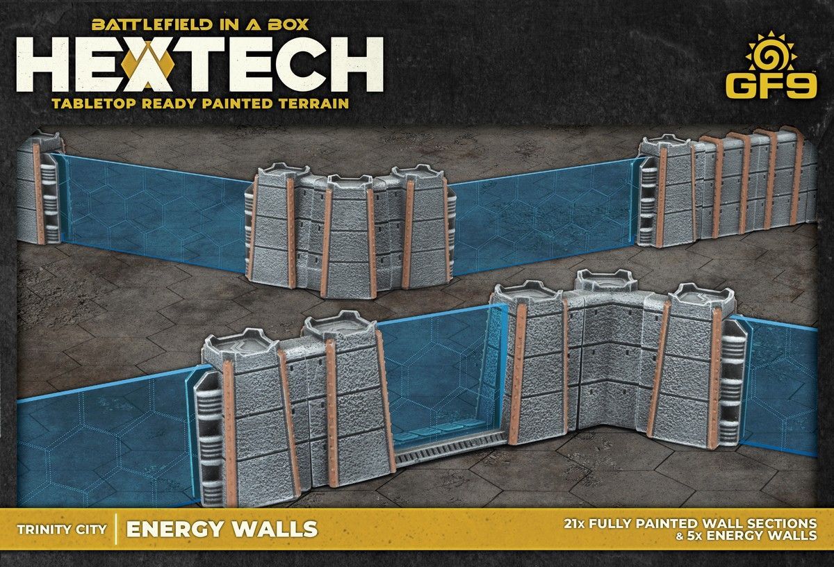 Hextech tabletop terrain: Miniature grey energy walls with translucent blue hexagonal barriers shown in various configurations.