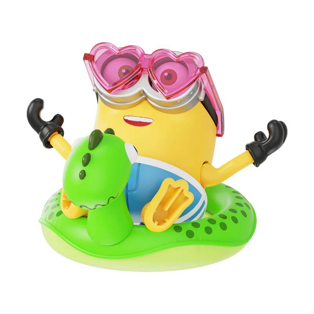 Minion toy wearing heart glasses, sitting in a green alligator inner tube, holding a dinosaur