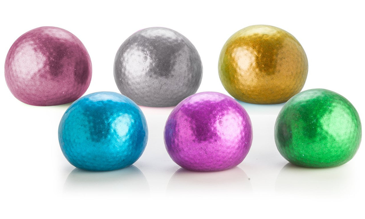 Six shimmering round candies in assorted metallic colors: gold, silver, green, blue, purple, and pink