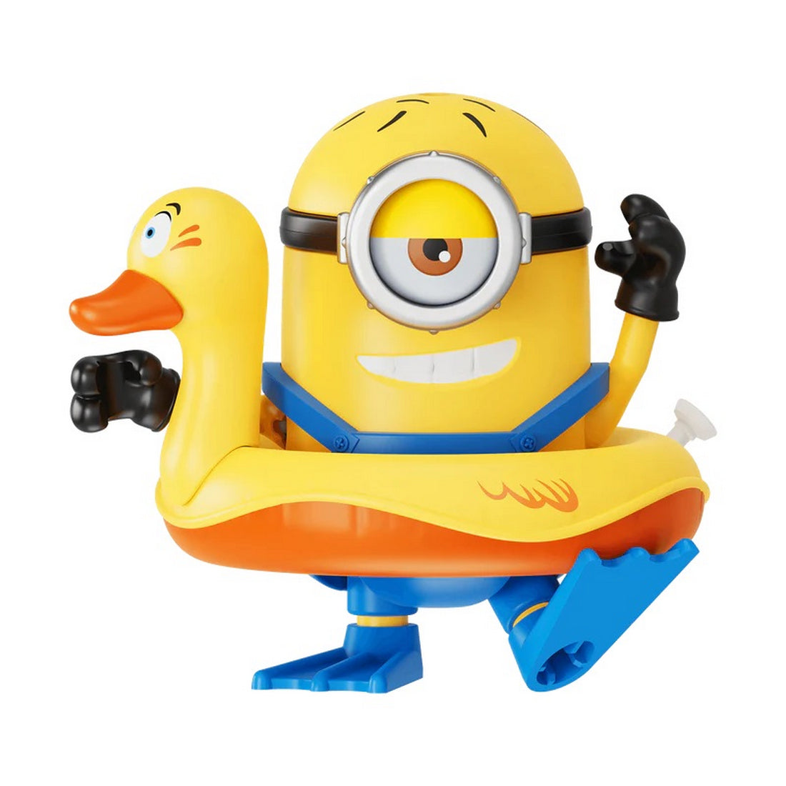 Minion character toy wearing a duck swim ring, goggles, and blue swimming flippers