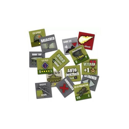 Assortment of military-themed board game tokens and cards featuring icons like tanks, helmets, buildings, and text: 'BREACHED', 'VETERAN', 'ATTACK!', 'GOOD TRAINING'