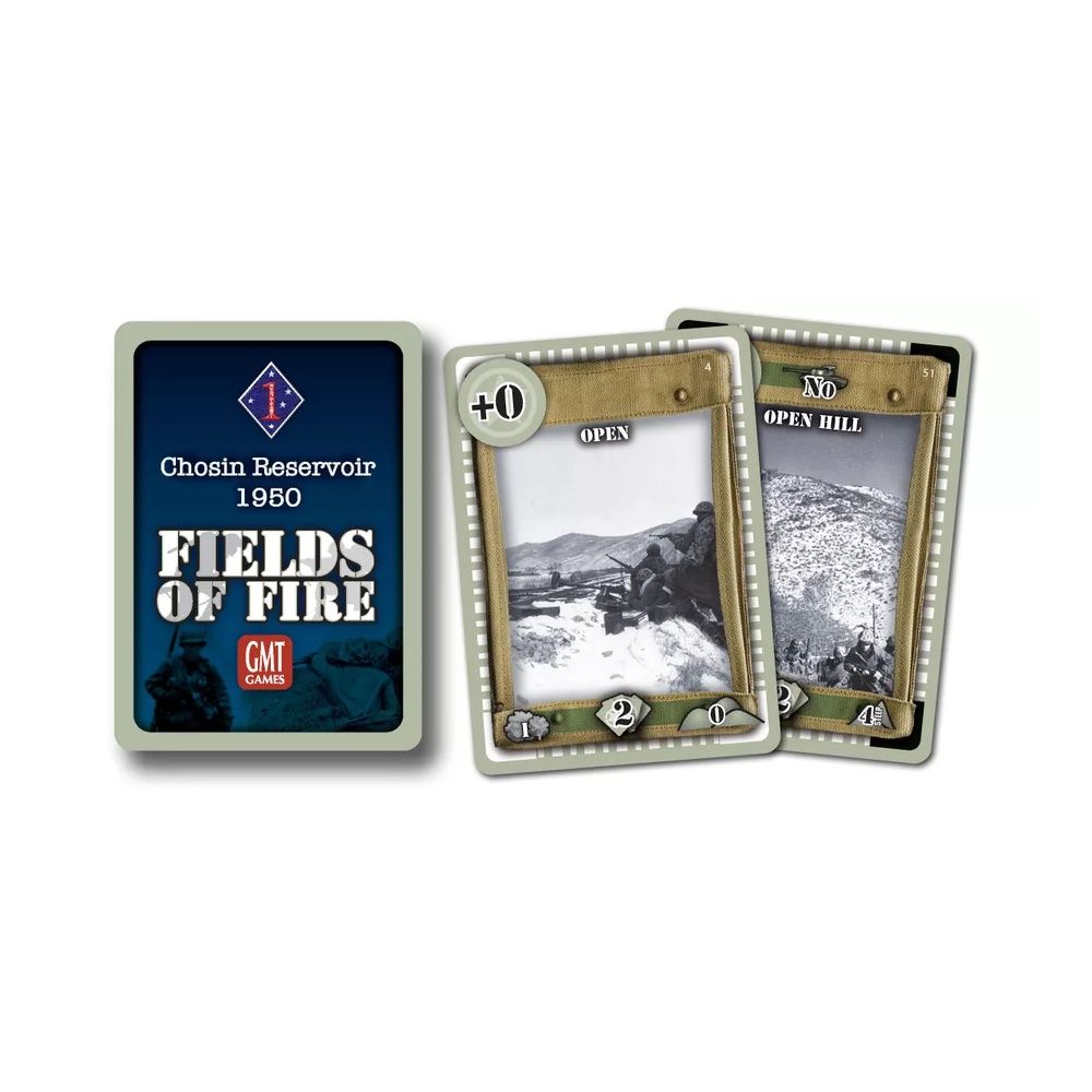 Three game cards for 'Fields of Fire: Chosin Reservoir 1950' by GMT Games, one title card, two others with black-and-white photos of soldiers in combat and snowy landscapes