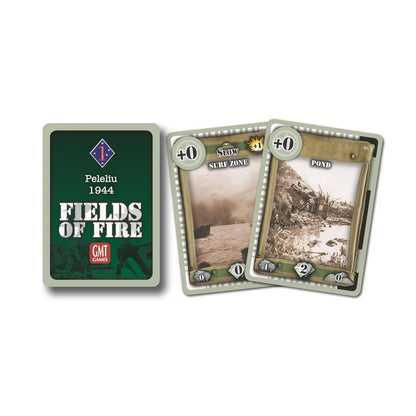 Three GMT Games "Fields of Fire: Peleliu 1944" cards, one back, two front cards with sepia images of WWII scenes: 'Slow Surf Zone' and 'Pond' locations