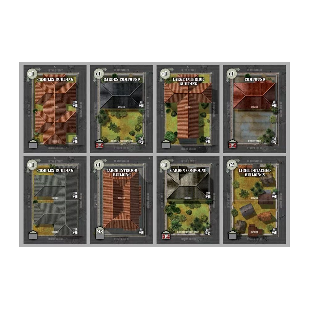 Eight board game tiles showing top-down views of various buildings: Complex, Garden Compound, Large Interior, Compound, Light Detached, includes streets and numeric values