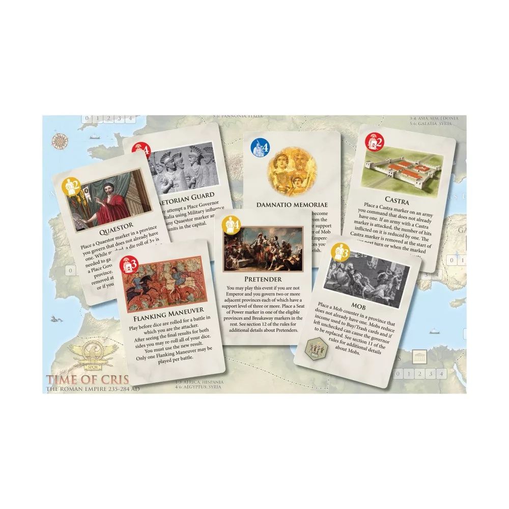 Cards from 'Time of Crisis' Roman Empire board game, with illustrations of figures, buildings, battles, and coins, laid on a map of Europe and North Africa