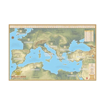Board game map of the Roman Empire (235-284 AD), showing Europe, North Africa, and the Middle East with named regions and numerical counters