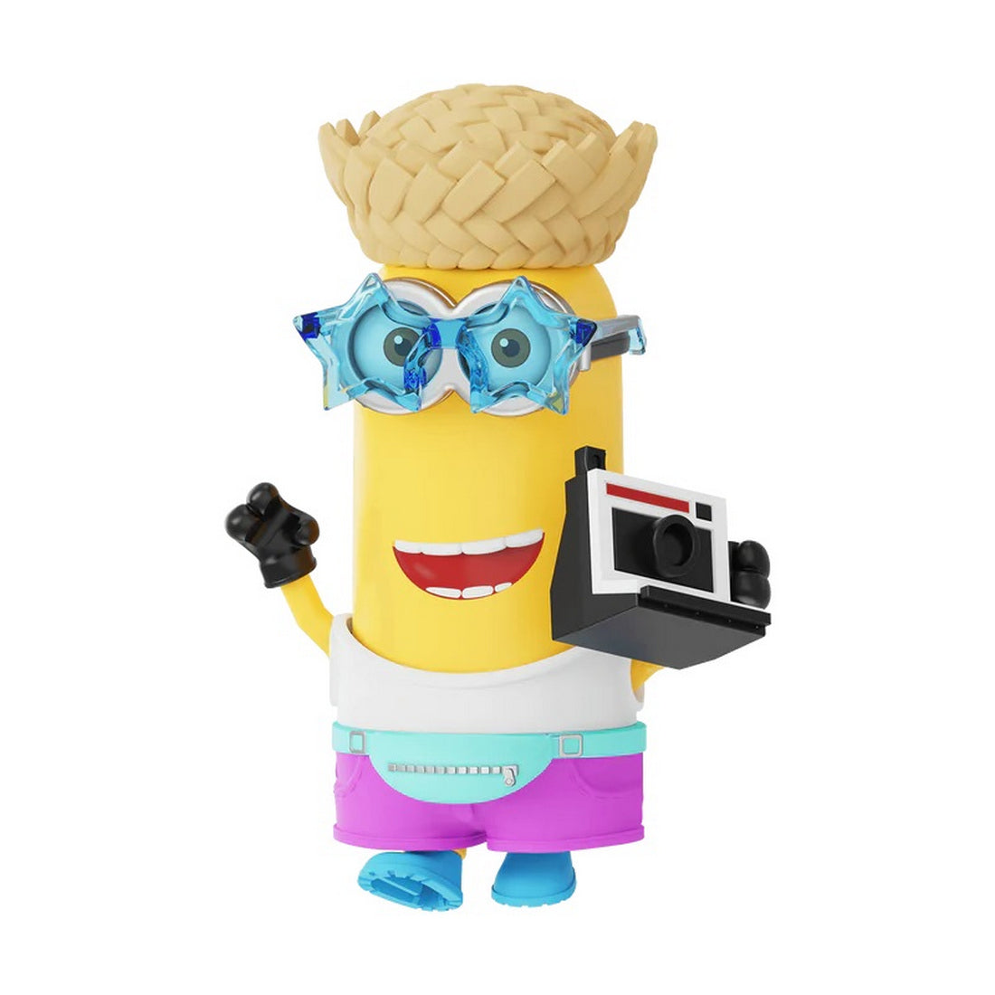 Minion figure wearing a straw hat and star sunglasses, holding an instant camera and waving