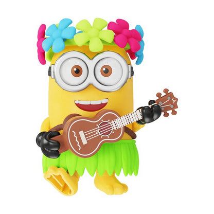 Minion figure wearing a flower crown and hula skirt, playing a ukulele
