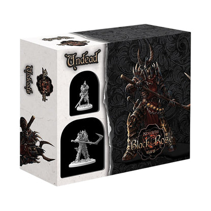 Box for 'Black Rose Wars: Undead' game. Features a horned skeletal warrior illustration and two grey miniatures
