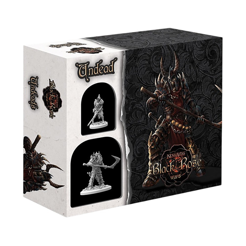 Box for 'Black Rose Wars: Undead' game. Features a horned skeletal warrior illustration and two grey miniatures