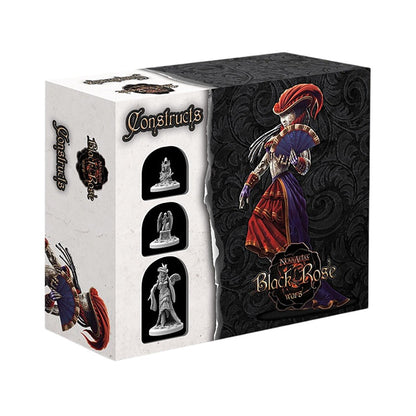 Box for the 'Black Rose Wars: Constructs' miniatures expansion, showing a woman with a red hat, fan, and three grey miniatures