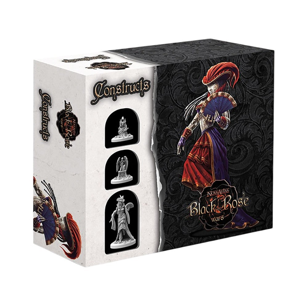 Box for the 'Black Rose Wars: Constructs' miniatures expansion, showing a woman with a red hat, fan, and three grey miniatures