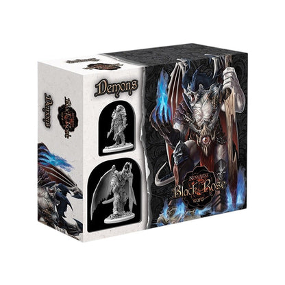 Game box for Black Rose Wars: Demons, showing a winged demon with blue fire on the front and two unpainted miniatures on the side