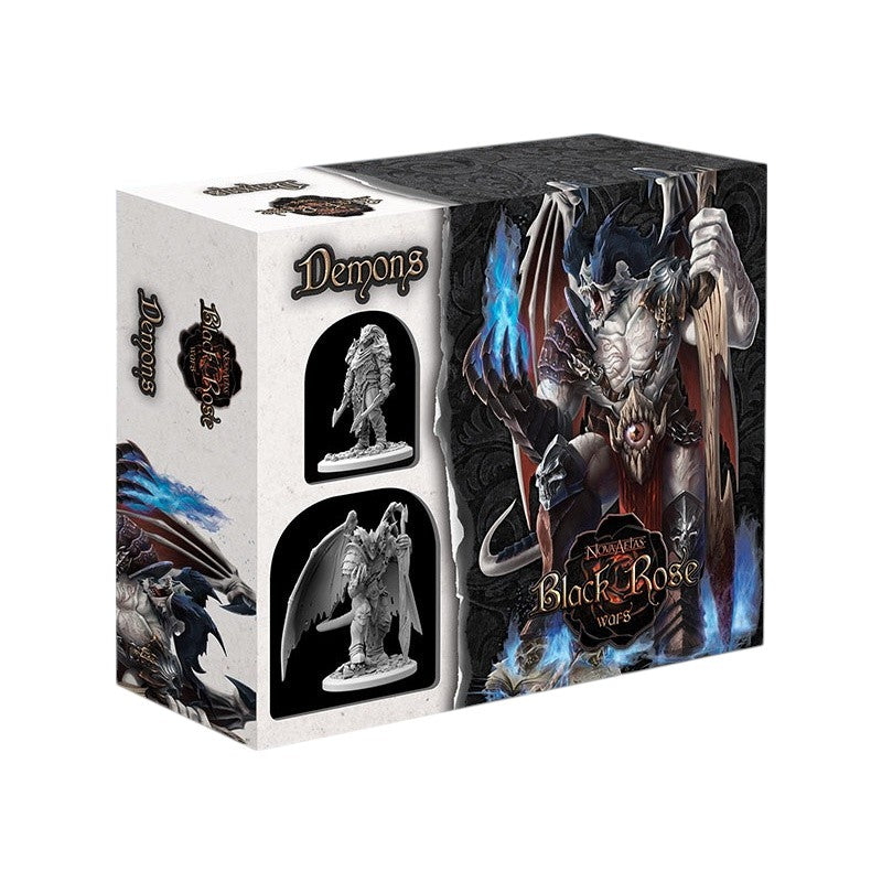 Game box for Black Rose Wars: Demons, showing a winged demon with blue fire on the front and two unpainted miniatures on the side
