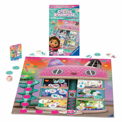 Ravensburger Gabby's Dollhouse board game set, featuring the pink dollhouse game board and various pieces