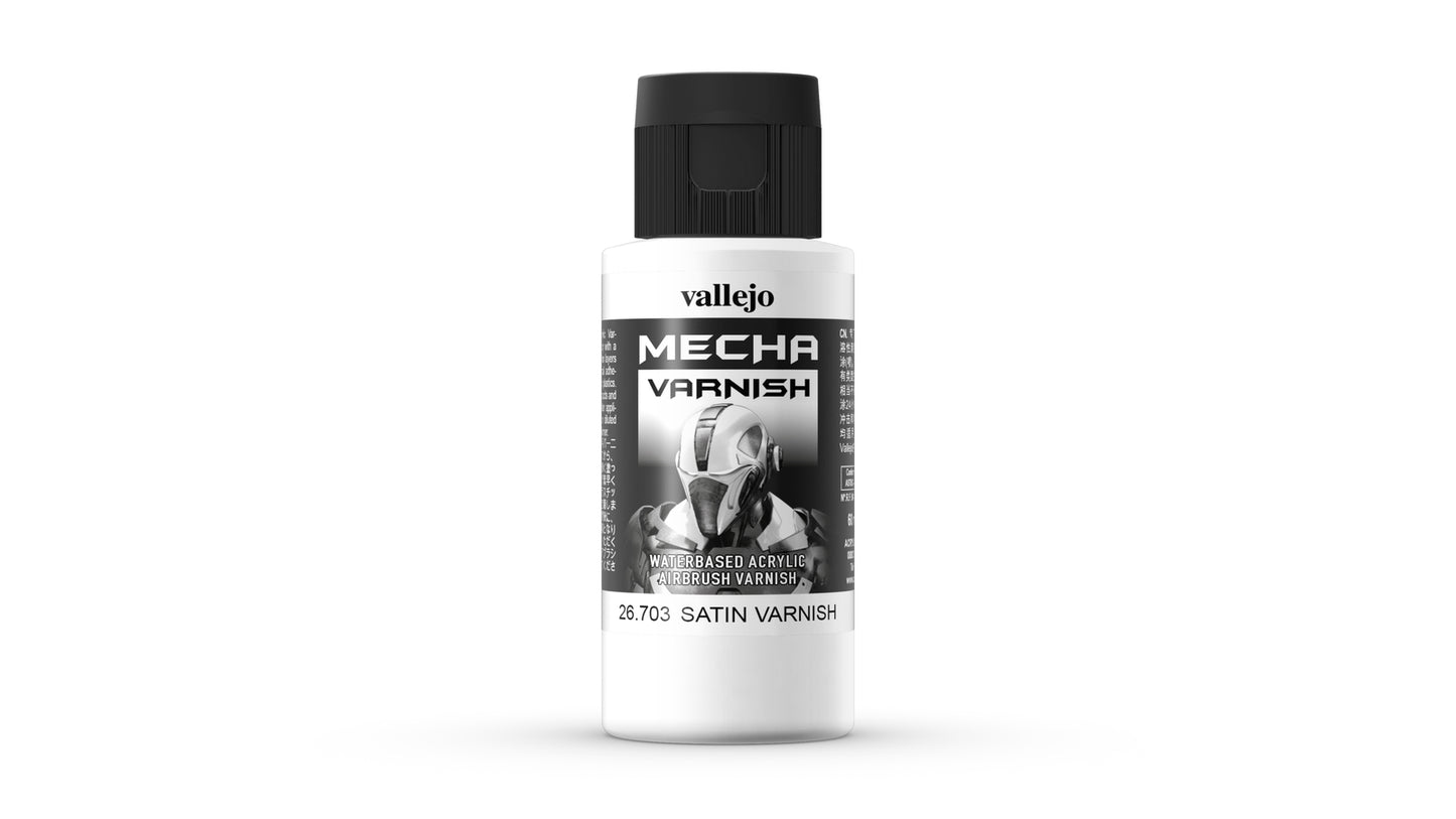Vallejo Mecha 26.703 Satin Varnish bottle featuring a futuristic mecha bust on the label
