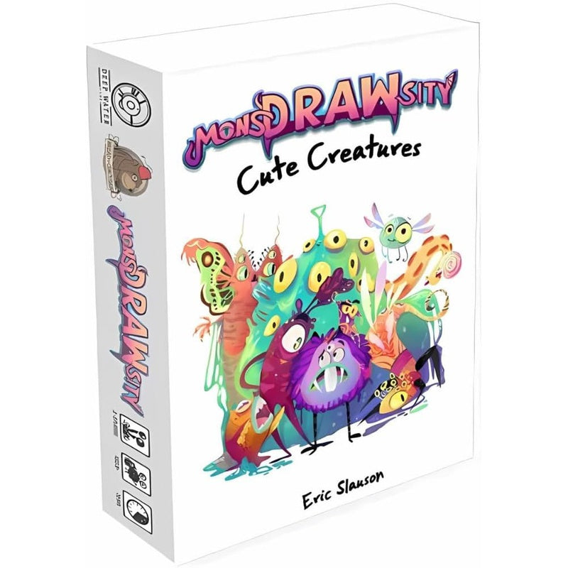 MonDRAWsity: Cute Creatures board game box. Its white cover displays a vibrant group of cartoon monsters