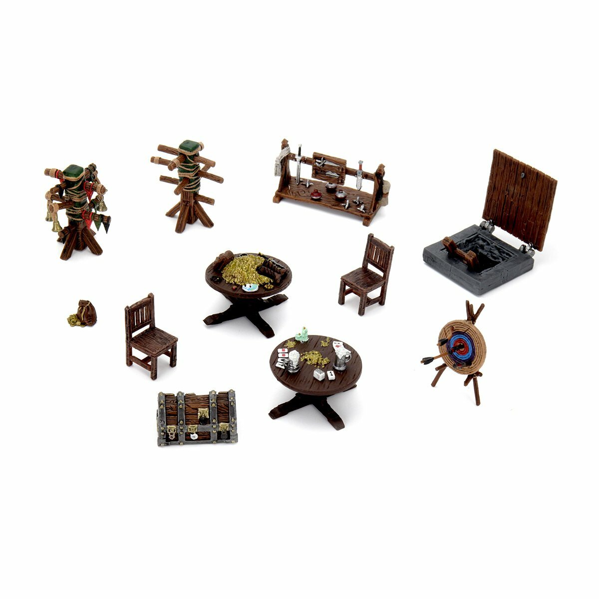 Miniature fantasy gaming props: weapon racks, tables with gold/cards, chairs, treasure chest, open trapdoor, archery target