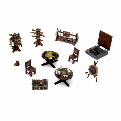 Miniature fantasy gaming props: weapon racks, tables with gold/cards, chairs, treasure chest, open trapdoor, archery target