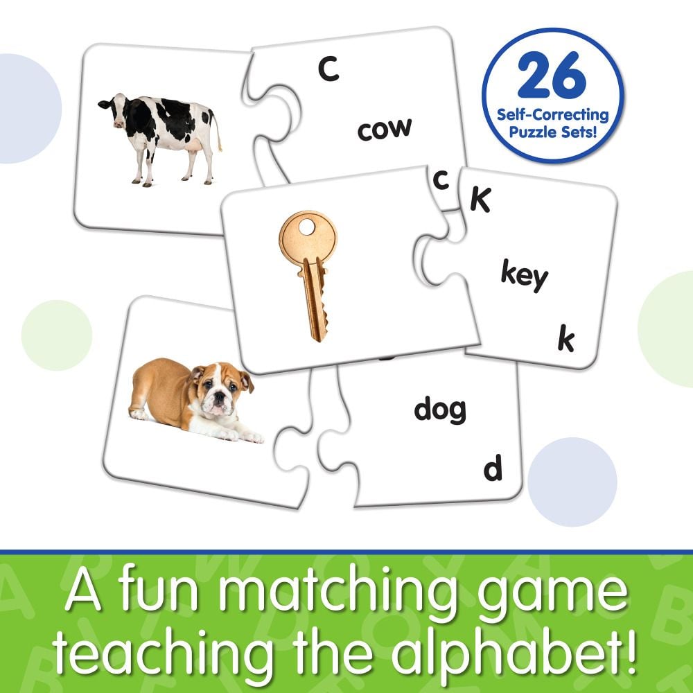 Alphabet matching puzzle sets with pictures of a cow, key, and bulldog, used for teaching letters and beginning sounds