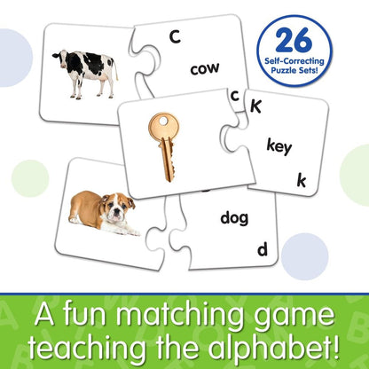 Alphabet matching puzzle sets with pictures of a cow, key, and bulldog, used for teaching letters and beginning sounds