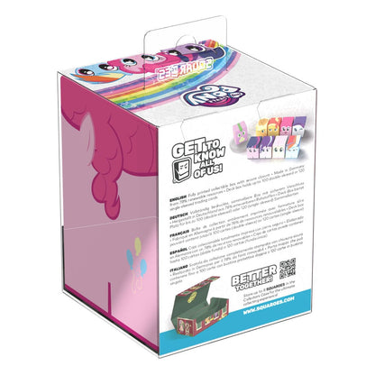 A pink and white Squaroe card deck box with colorful cartoon characters on its lid and product information on the front
