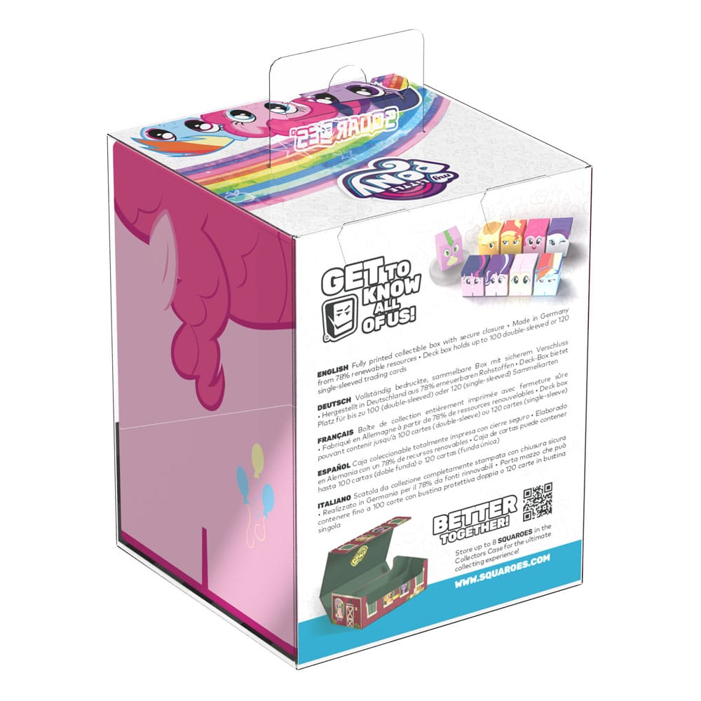 A pink and white Squaroe card deck box with colorful cartoon characters on its lid and product information on the front
