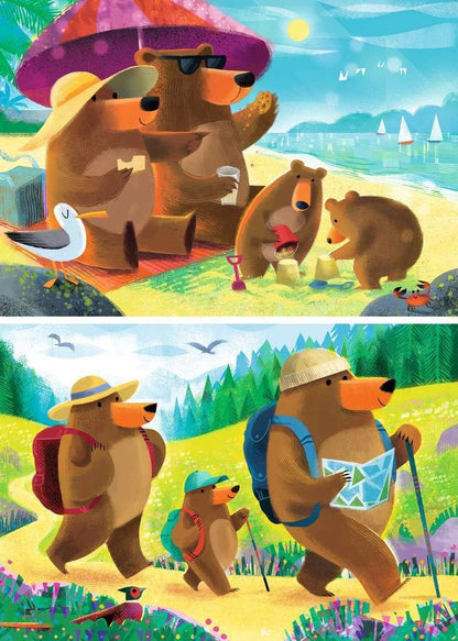 Stylized illustration of a bear family: relaxing on a sunny beach (top) and hiking with backpacks in the mountains (bottom)