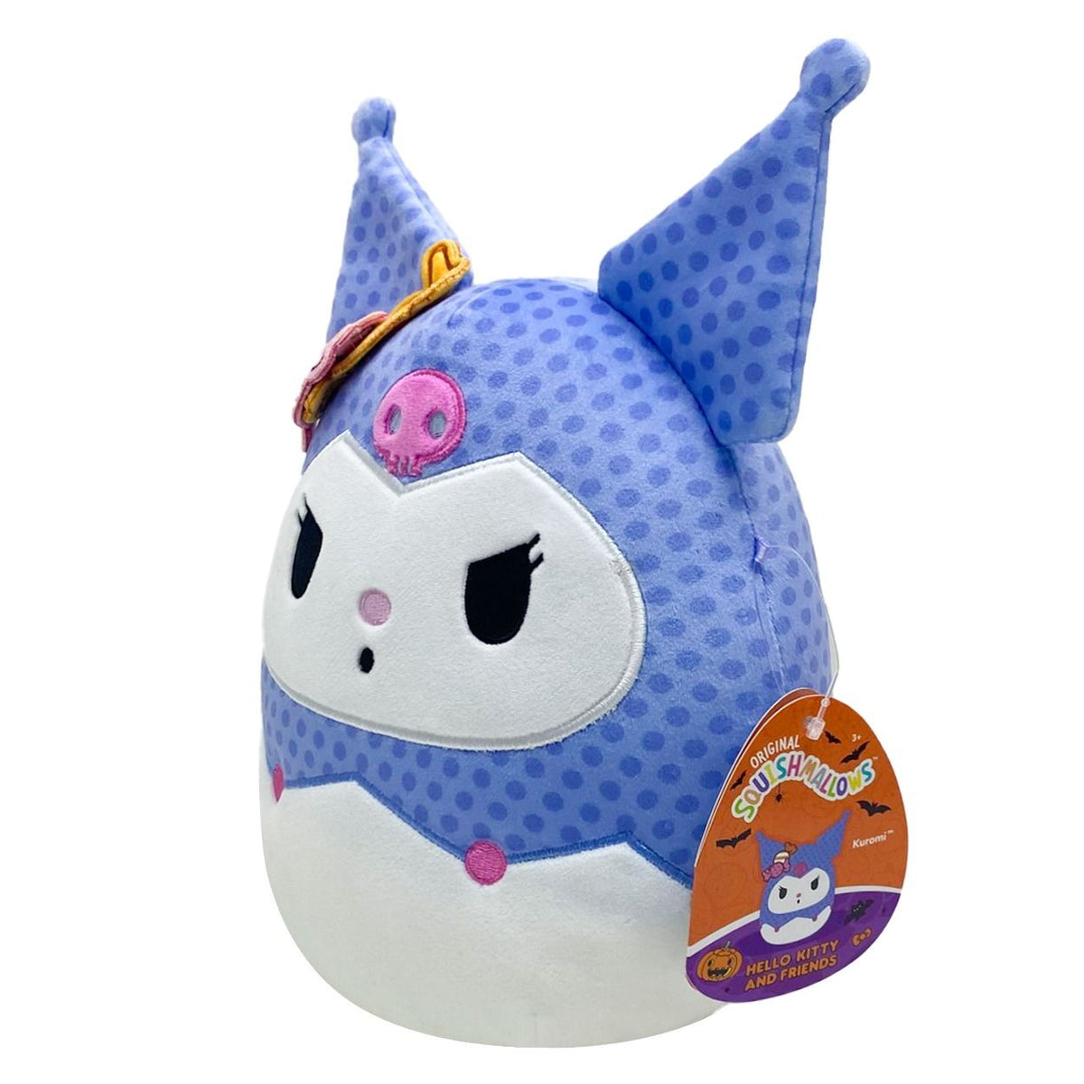 The Kuromi Halloween Squishmallow showcases her blue dotted hood, white face, pink skull badge, and the official Hello Kitty and Friends seasonal hang tag