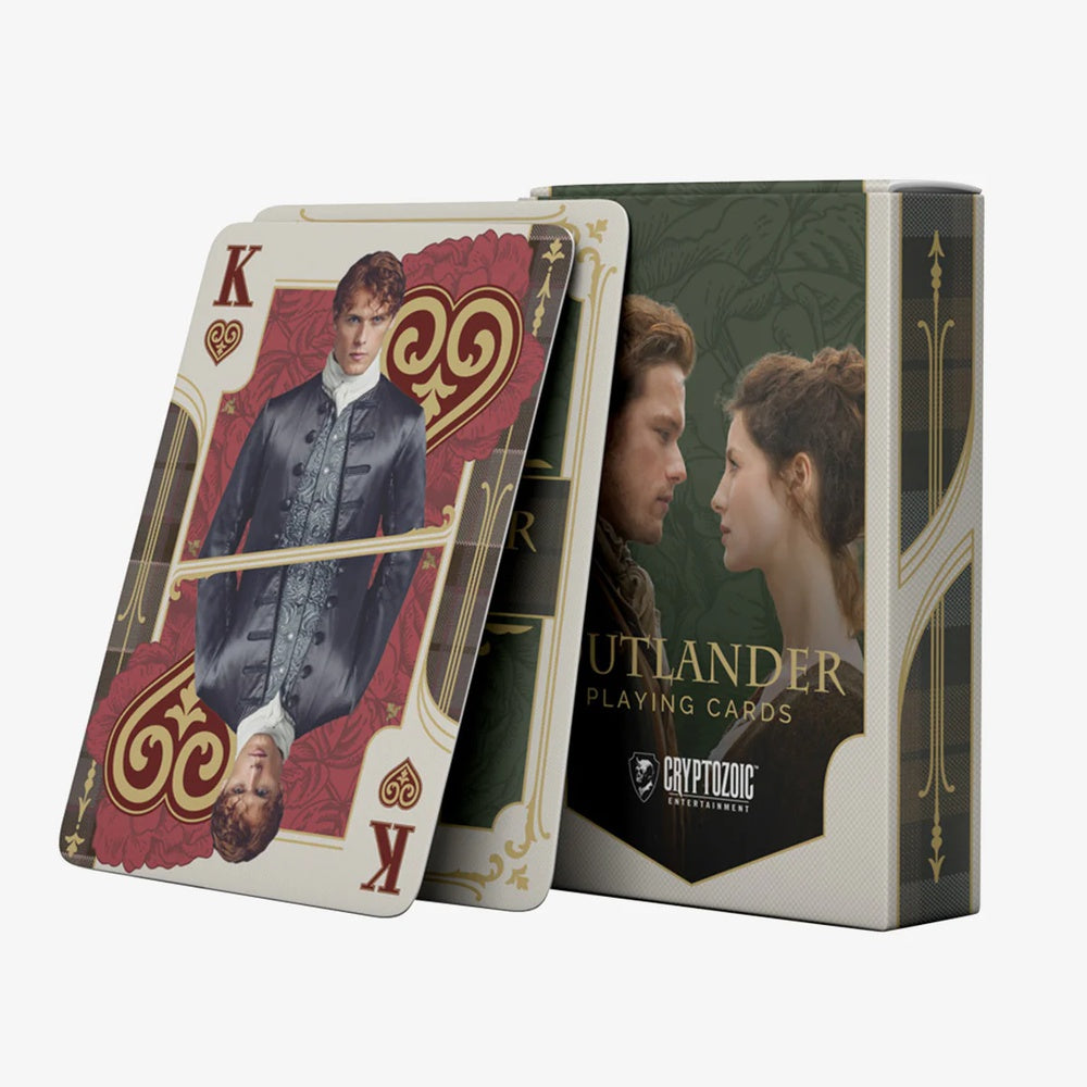 Outlander playing cards: Jamie Fraser on a King card, and Jamie and Claire on the dark green box
