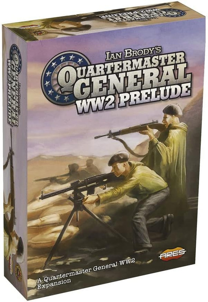 Box for Quartermaster General WW2 Prelude. Artwork: two soldiers, one operating a machine gun, another aiming a rifle, in a desert