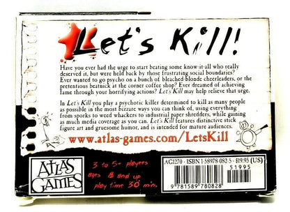 Back of the "Let's Kill!" board game box, features the title, a description of playing a killer, player details, and barcode