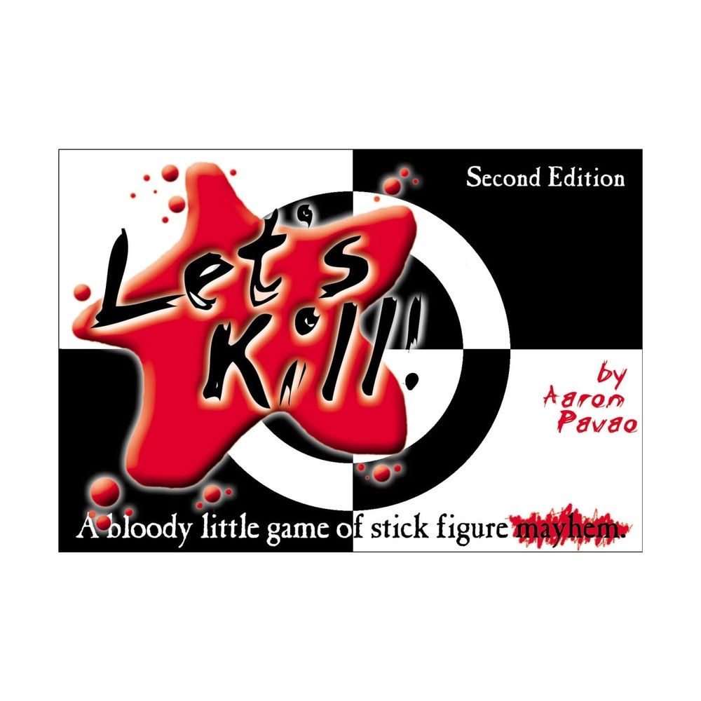 Game cover, &#39;Let&#39;s Kill!&#39; in bloody red text on a checkerboard, described as &#39;a game of stick figure mayhem&#39;