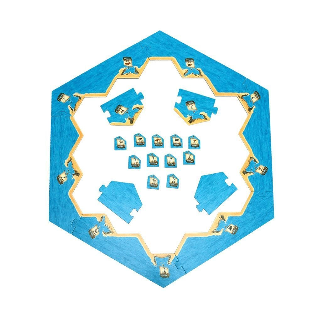 Hexagonal blue board game with tan coastline, featuring small boat pieces on the edges and central tiles
