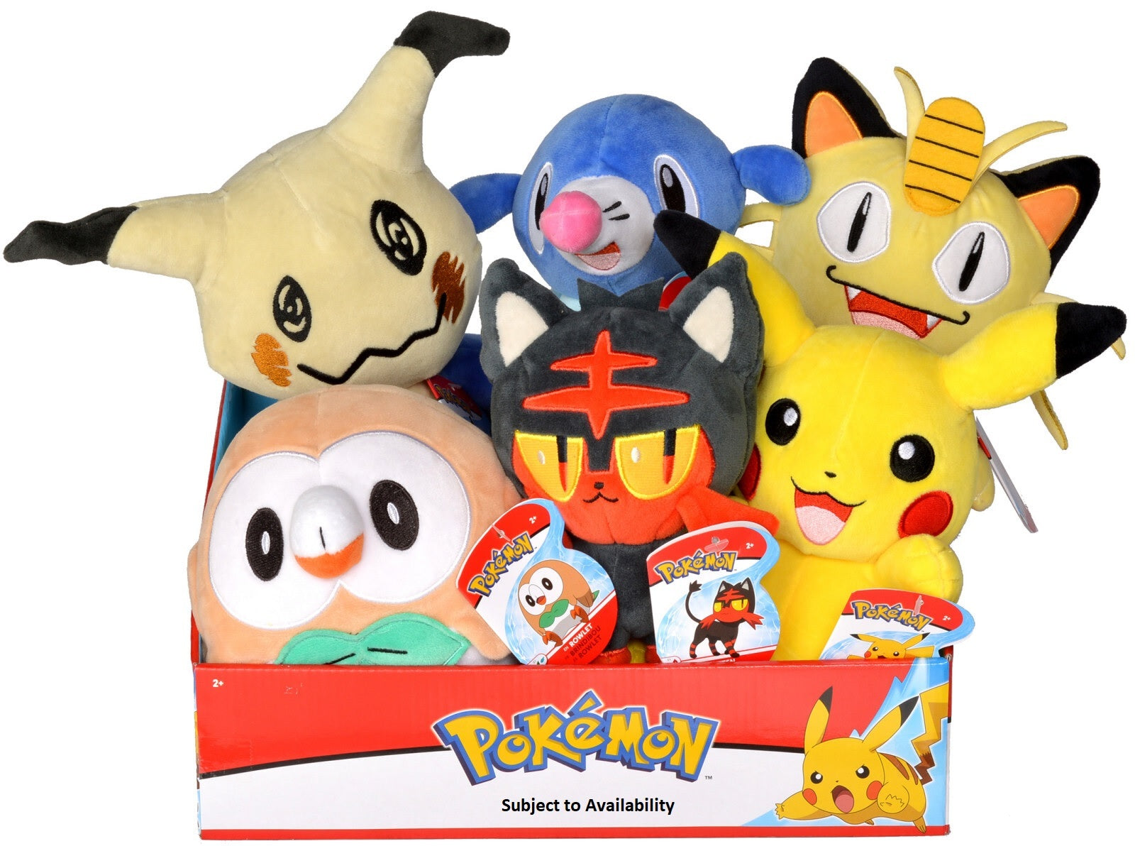 Six Pokemon plush toys: Pikachu, Litten, Rowlet, Mimikyu, Popplio, and Alolan Meowth, displayed in a retail box