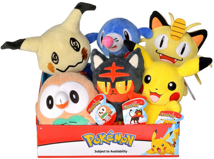 Six Pokemon plush toys: Pikachu, Litten, Rowlet, Mimikyu, Popplio, and Alolan Meowth, displayed in a retail box