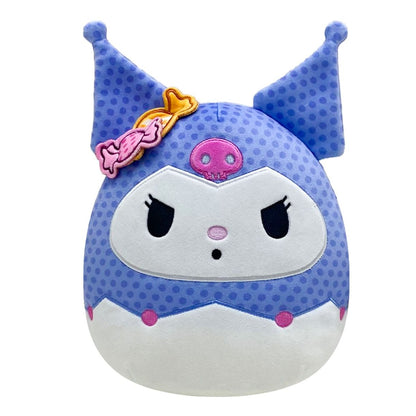 Squishmallow Kuromi dressed in a blue polka dot pattern with pointed ears, featuring a pink skull and a sweet candy accessory for Halloween