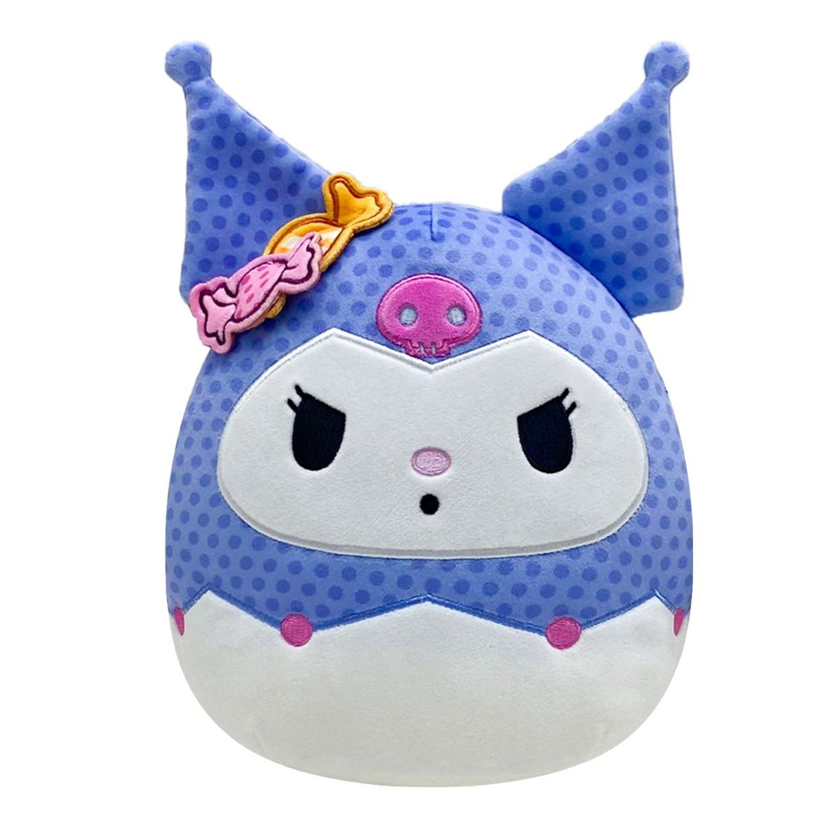 Squishmallow Kuromi dressed in a blue polka dot pattern with pointed ears, featuring a pink skull and a sweet candy accessory for Halloween