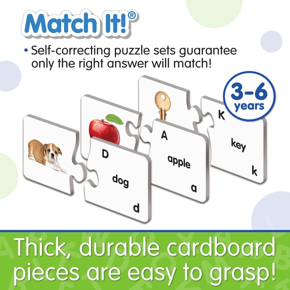 Match It! literacy puzzles showing pairs like 'dog' and a bulldog, 'apple' and an apple image, and 'key' and a key for ages 3-6