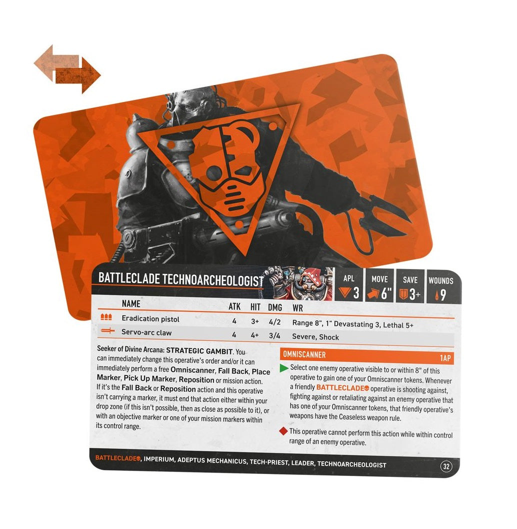 Datasheet for the Battleclade Technoarcheologist operative, featuring black/orange art and game stats