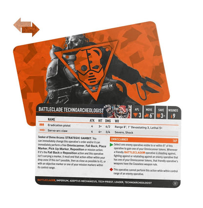 Datasheet for the Battleclade Technoarcheologist operative, featuring black/orange art and game stats